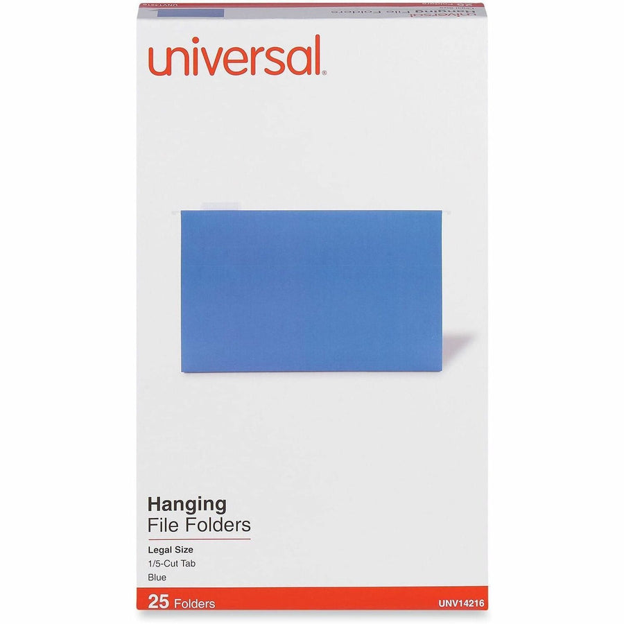 Universal Deluxe Bright Color Hanging File Folders, Legal Size, 1/5-Cut Tabs, Blue, 25 / Box, 8.5" Width x 14" Length, Stock, Assorted, UNV14216