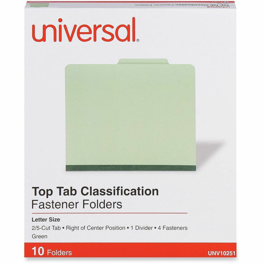 Universal Classification Folder, 8.5" Width x 11" Length, Green, 2/5, Right of Center, 10 / Box, UNV10251