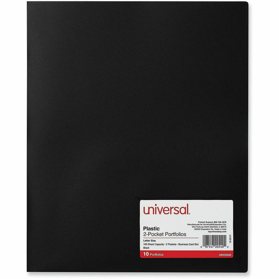 Universal Two-Pocket Plastic Folders, 100-Sheet Capacity, 11 x 8.5, Black, 10 / Pack, 11" Width x 8.5" Length, 100 Sheets, UNV20540