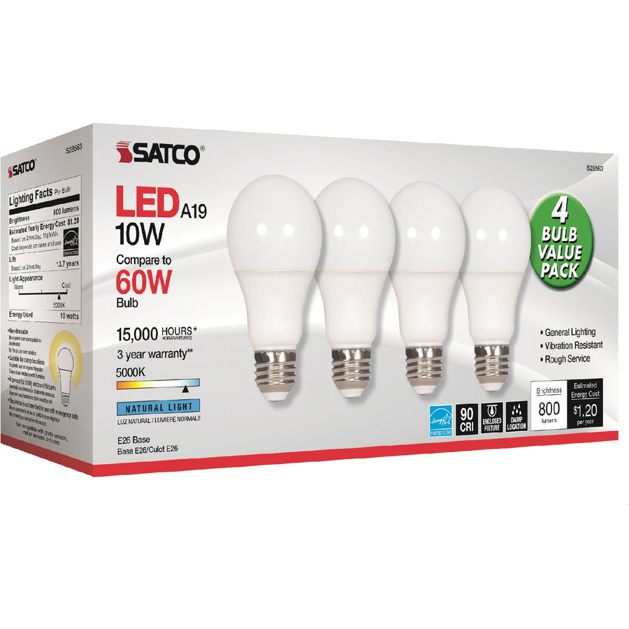 Satco 10W A19 LED 5000K Light Bulbs, 2.5" x 4.5", 4 / Pack, SDNS28563