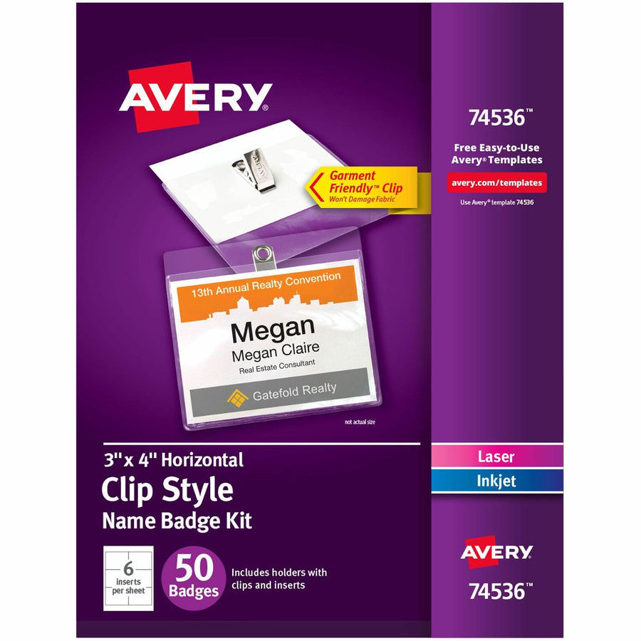 Avery® Top-Loading Clip-Style Name Badges, 8.5" x 11", White, Plastic, Self-adhesive, 1 Carton, AVE74536