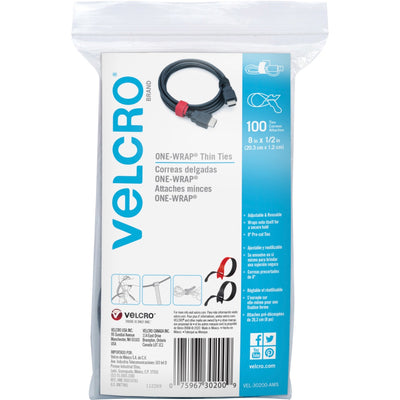 VELCRO® Reusable Thin Straps, 0.5" x 0.01", Red, Nylon, Hook & Loop Fastener, 100 / Pack, VEK30200