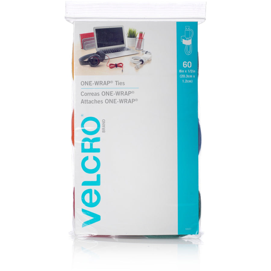 VELCRO® One Wrap Cable Ties, 0.50" x 0.01", Assorted, 60 / Pack, VEK93007