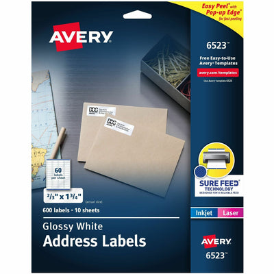 Avery Address Labels, Glossy White, 2/3" x 1-3/4", 600 Total (6523), 1 Carton — view 1