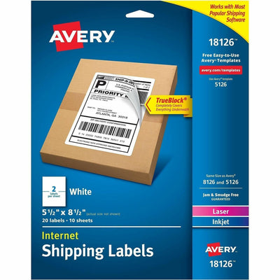 Avery Internet Shipping Labels, 5-1/2" x 8-1/2", 20 Labels (18126), White, 1 Carton, AVE18126