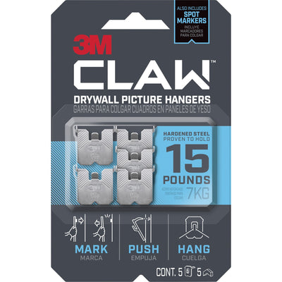 3M CLAW Drywall Picture Hanger, Gray, 5 / Pack, MMM3PH15M5ES