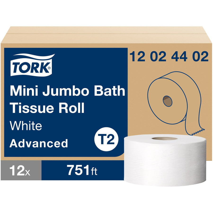 TORK Mini Jumbo Toilet Paper Roll White T2, Fiber, 2 11/32", 12 / Carton, TRK12024402