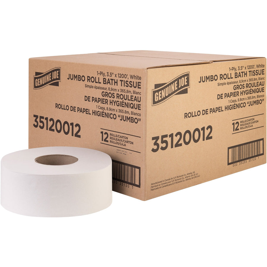 Genuine Joe 1-ply Jumbo Roll Bath Tissue, White, Fiber, Septic Safe, 12 / Carton, GJO35120012