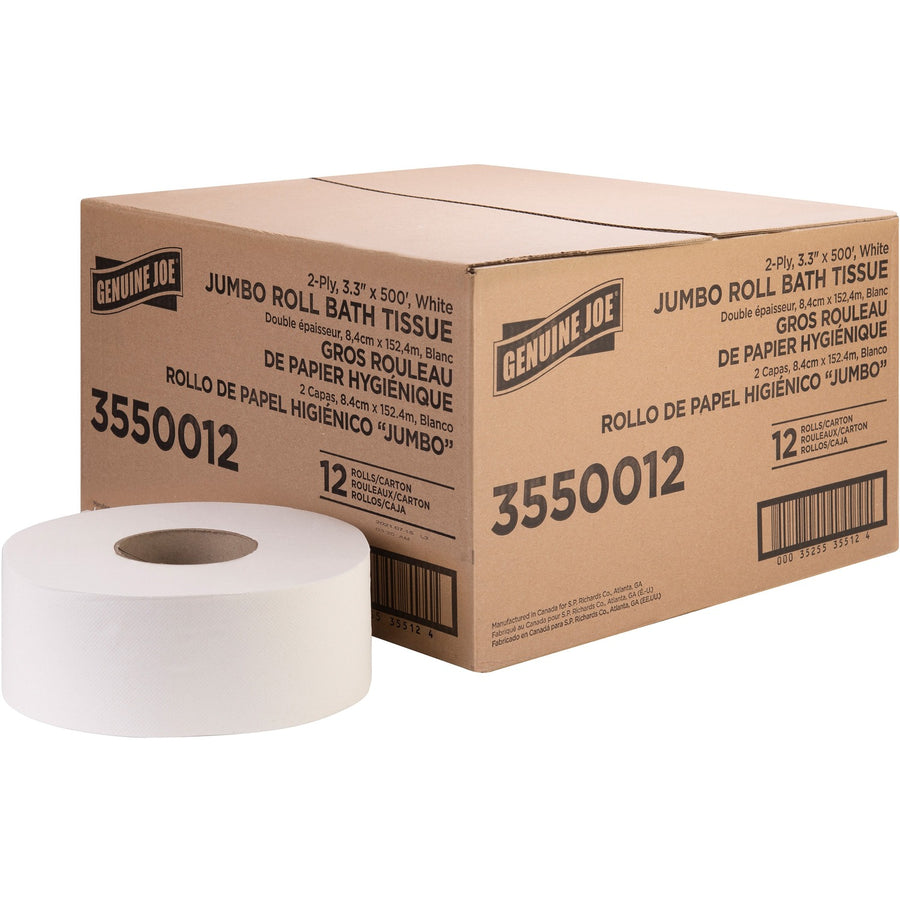 Genuine Joe Jumbo Jr Dispenser Bath Tissue Roll, White, Fiber, Septic Safe, 12 / Carton, GJO3550012