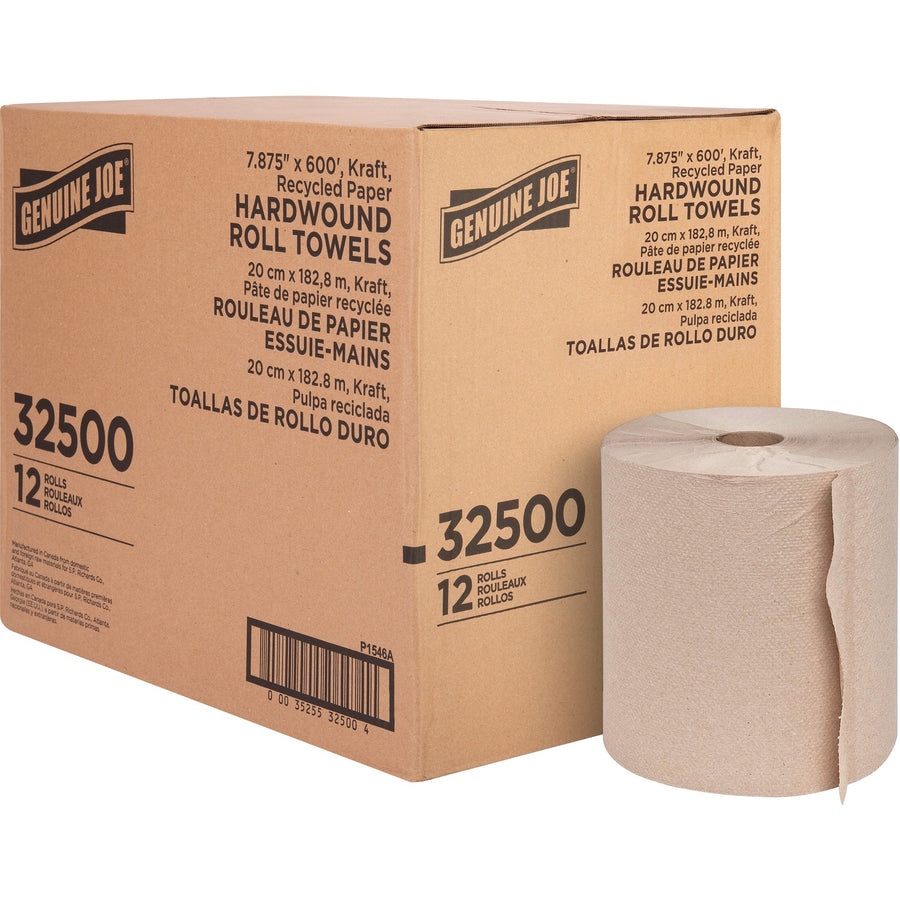 Genuine Joe Embossed Hardwound Roll Towels, Brown, 2", Absorbent, 12 / Carton, GJO32500