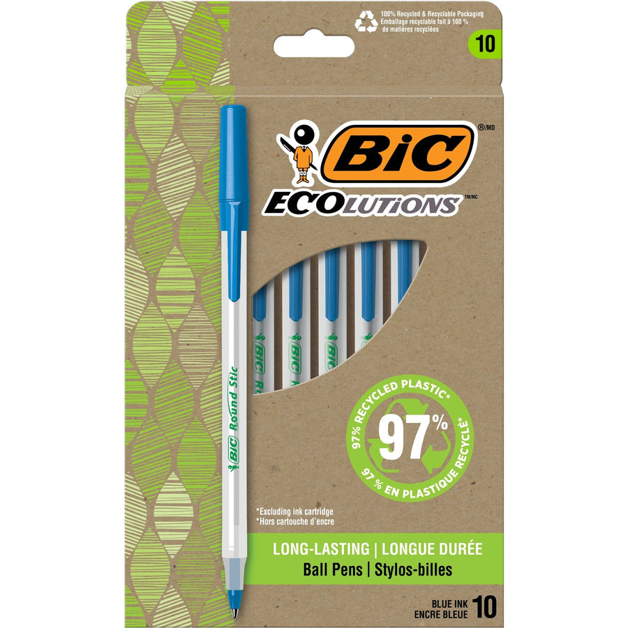 BIC Ecolutions Round Stic Ball Point Pen, Blue, Plastic, Long Lasting, 10 / Pack, BICGSME10BE