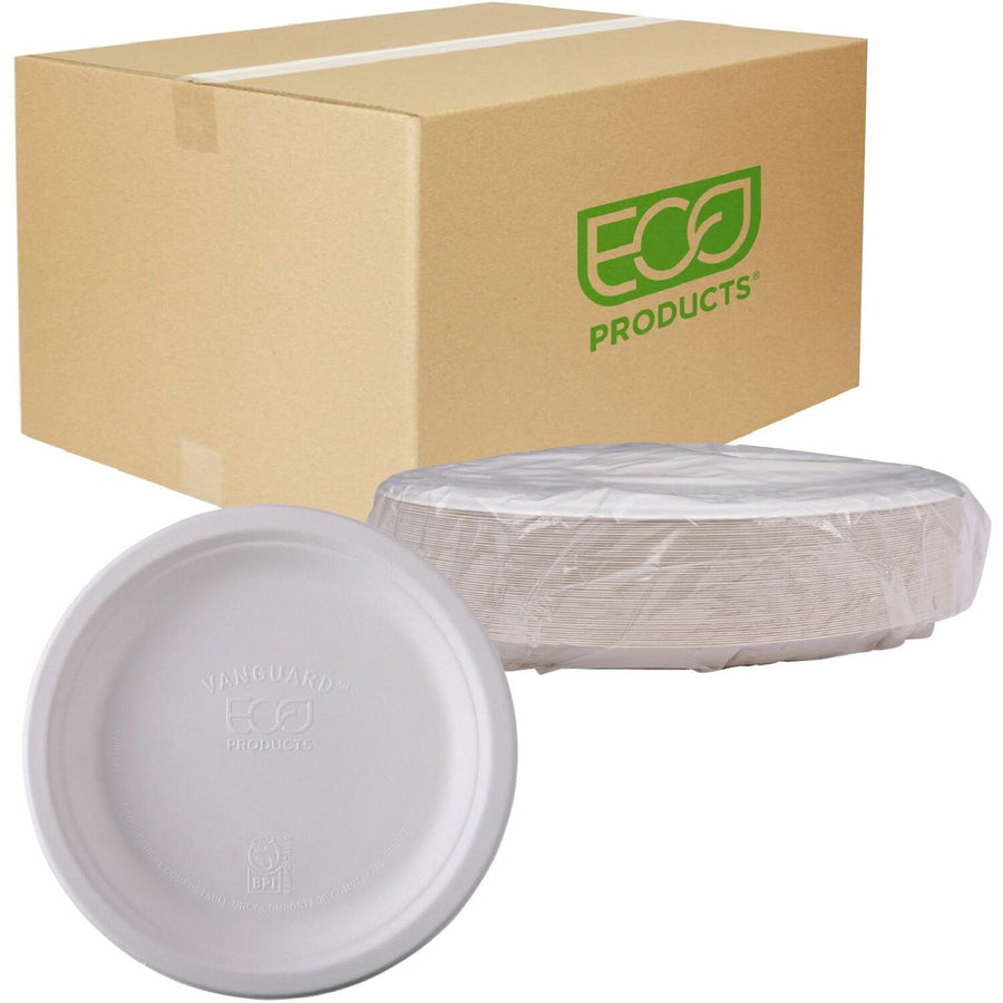 Eco-Products Vanguard 10" Sugarcane Plates, White, Sugarcane Fiber, 500 / Carton, ECOEPP005NFA