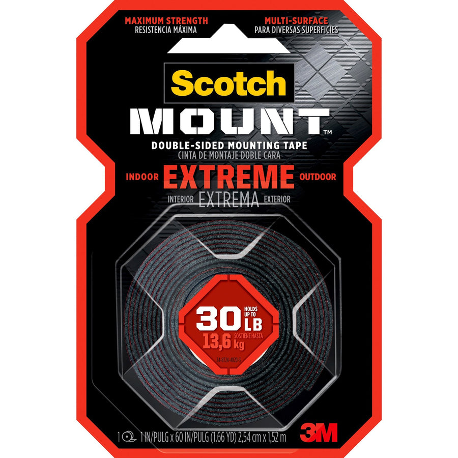Scotch-Mount Extreme Double-Sided Mounting Tape, Black, 1", 5 ft, Permanent Adhesive, 1 Roll, MMM414H
