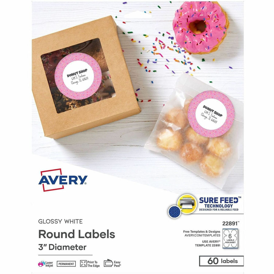Avery Glossy White Labels, 3" Round, 60 Labels ), 60 / Pack — view 1