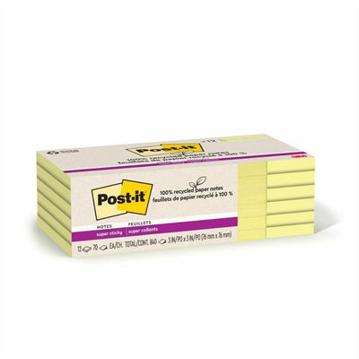 3M Post-it Recycled Super Sticky Notes, Canary Yellow, 12 / Pack, MMM654R12SSCY