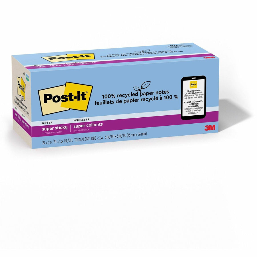 Post-it® Recycled Super Sticky Notes, Assorted Oasis, Paper, Adhesive, 24 / Pack, MMM654R24SSTCP