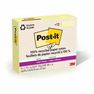 3M Post-it Recycled Super Sticky Notes, Canary Yellow, 12 / Pack, MMM655R12SSCY