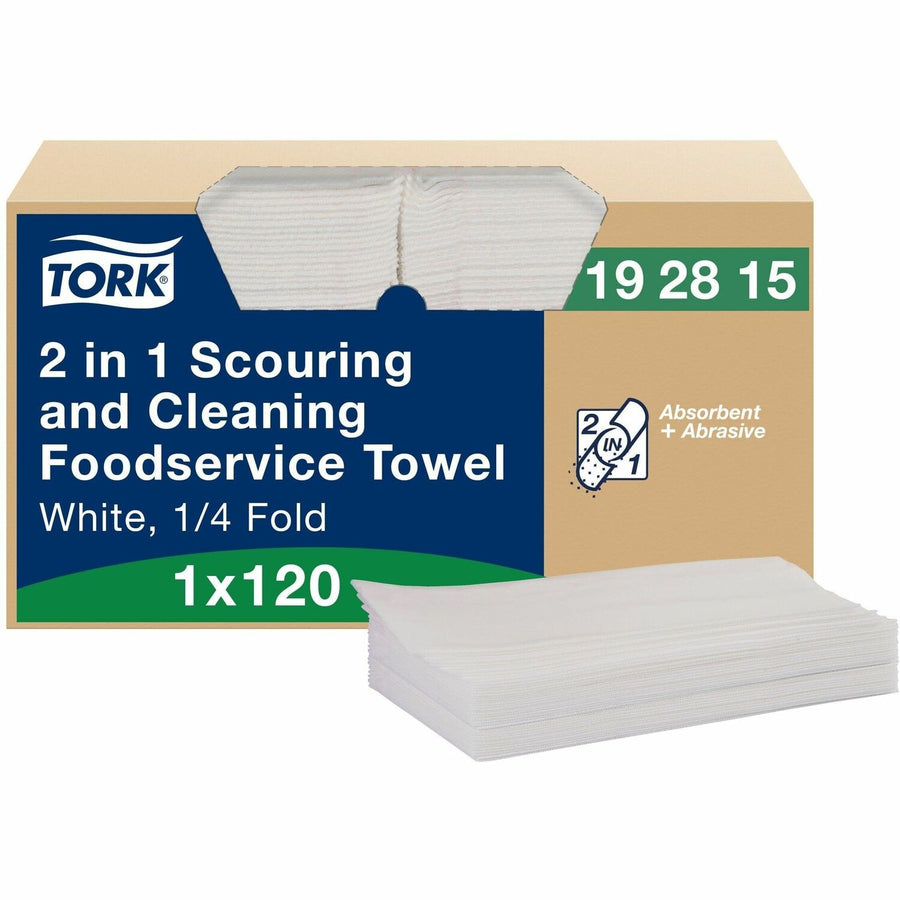 TORK 2 in 1 Scouring and Cleaning Foodservice Towel White, Absorbent, 1 x 120 Sheets, 13.85" x 7", Quarter-fold, 1 / Box, TRK192815