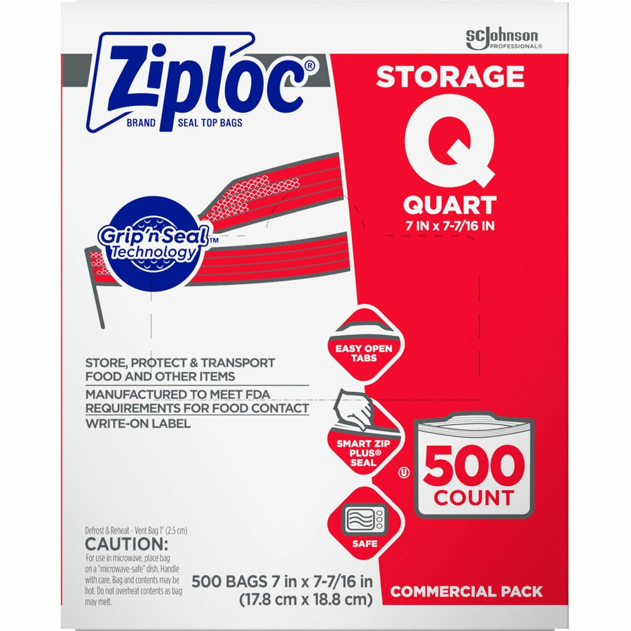 Ziploc® Quart Storage Bags, Medium, Clear, Plastic, 1 quart, Airtight, 500 / Carton, SJN364899