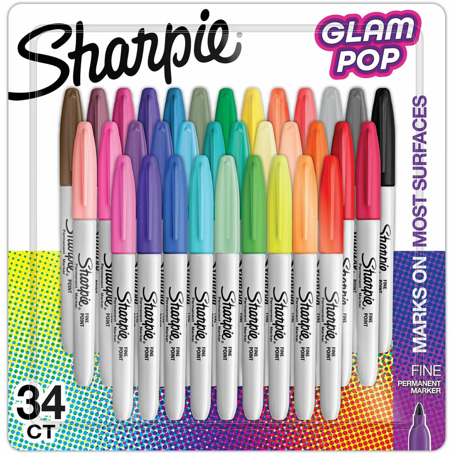 Sharpie Glam Pop Permanent Markers, Assorted, Water Resistant, 34 / Pack, SAN2185331