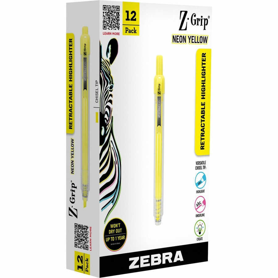 Zebra Pen Z-Grip Retractable Highlighter, Neon Yellow, Dry Resistant Ink, 1 Dozen, ZEB71250