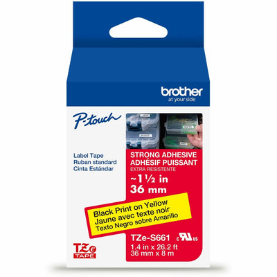 Brother Genuine P-touch TZeS661 BK on YL Label Tape, Strong Adhesive Lam., 36mmX8m, Yellow, 6EA/BX 4BX/CT — view 1