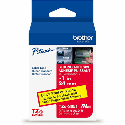 Brother Genuine P-touch TZeS651 BK on YL Label Tape, Strong Adhesive Lam., 24mmX8m, Yellow, 6EA/BX 4BX/CT — view 1