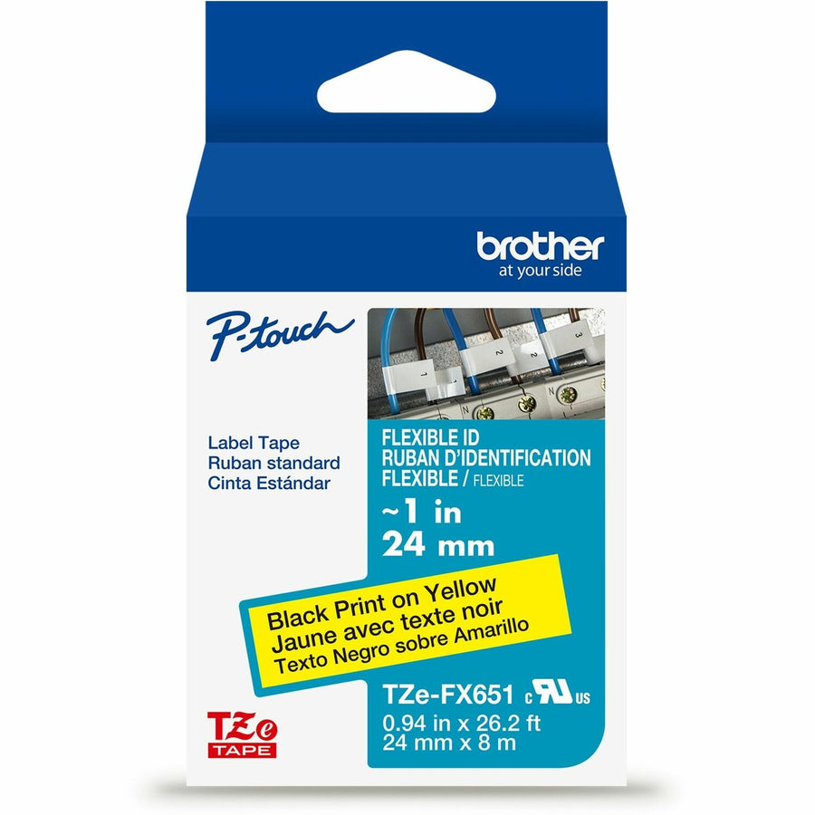Brother Genuine P-touch TZeFX651 BK on YL Label Tape, Flexible ID Laminated, 24mmX8m, Yellow, 6EA/BX 4BX/CT — view 1