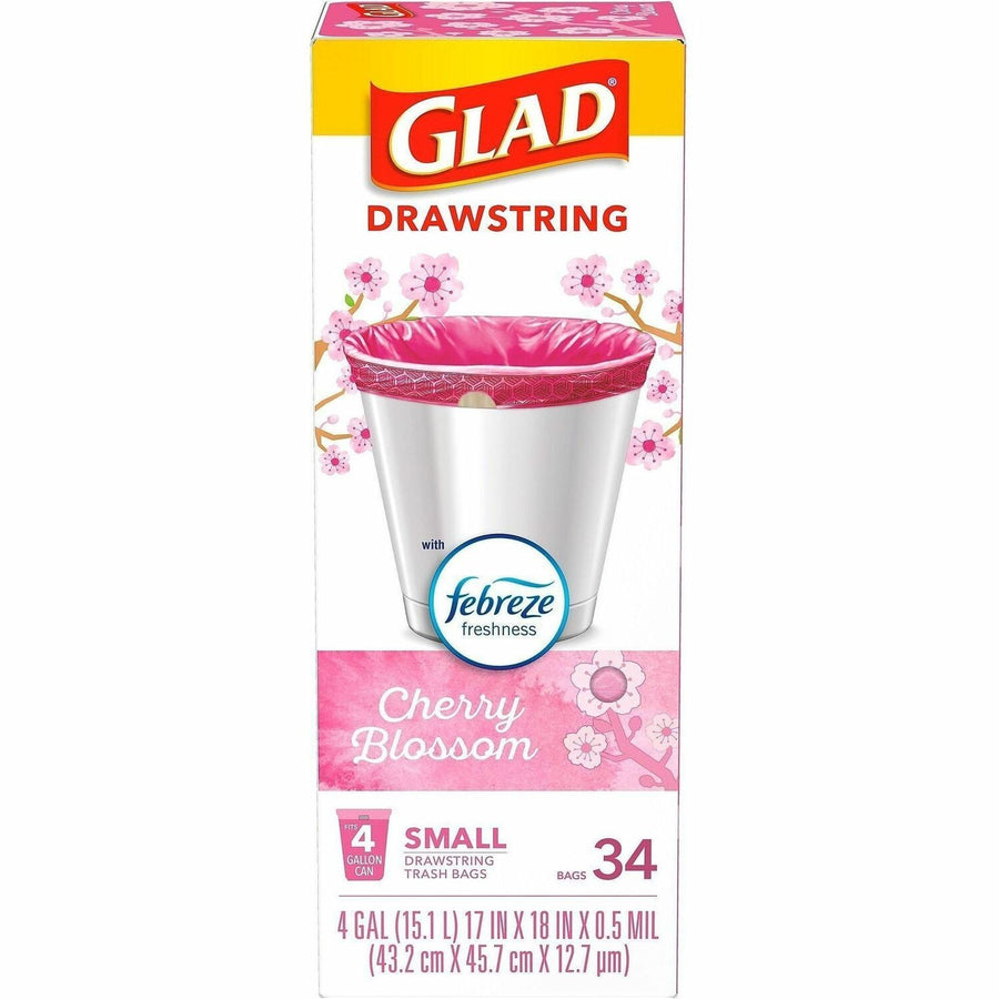 Glad Odorshield Cherry Blossom Trash Bags, Small, Pink, 4 gal, Leak Proof, 34 / Box, CLO79274