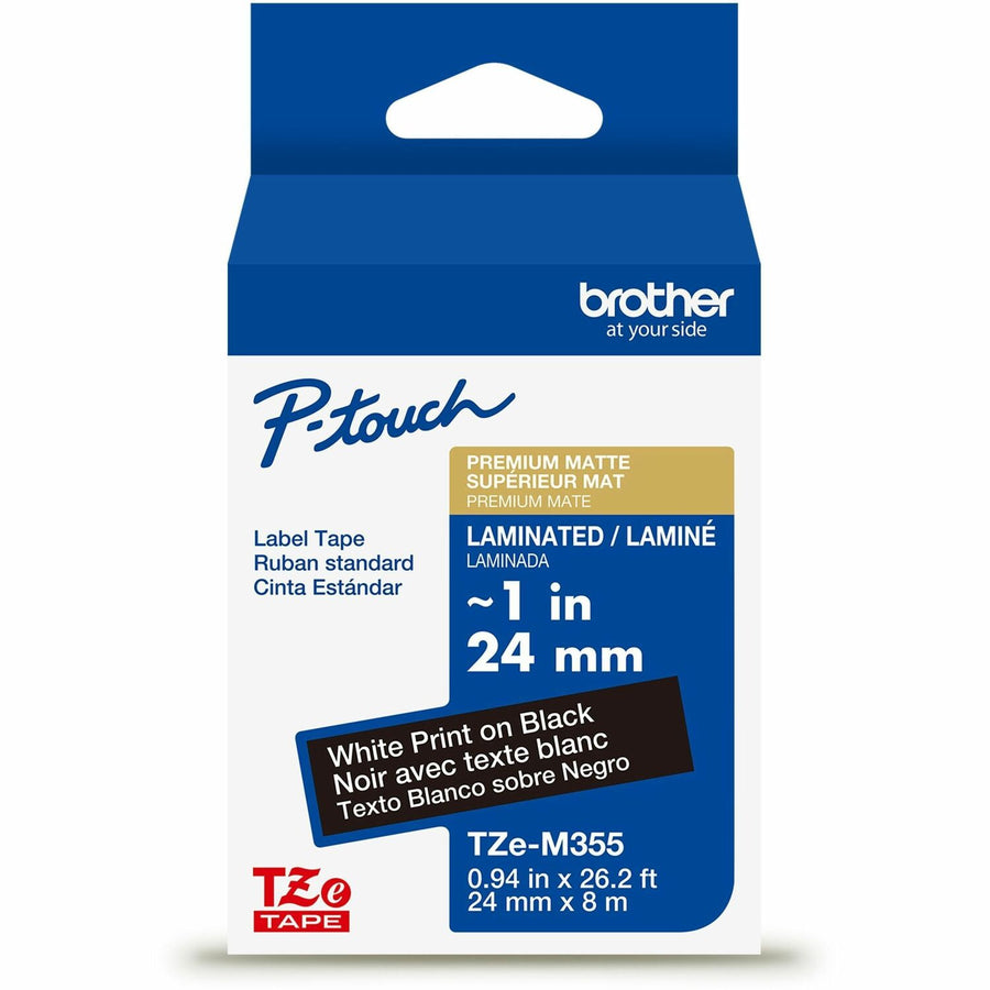 Brother Genuine P-touch TZeM355 WHT on BK Label Tape, Premium Matte Laminated, 24mmX8m, Matte Black, 6EA/BX 4BX/CT — view 1
