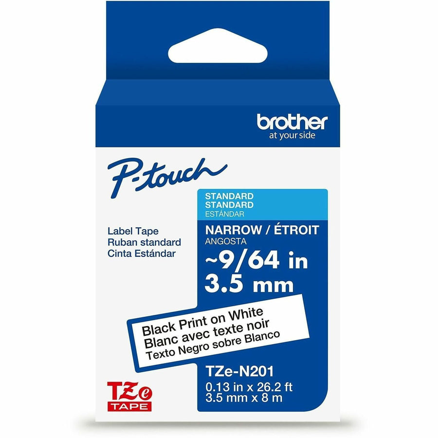 Brother Genuine P-touch TZeN201 BK on WHT Narrow Non-Laminated Label Tape, 3.5mmX8m, White, 6EA/BX 4BX/CT — view 1