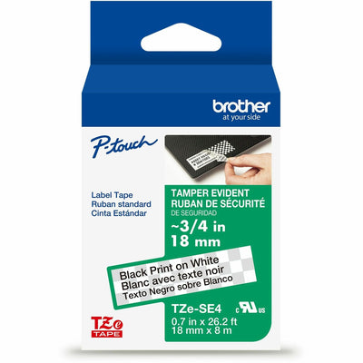 Brother Genuine P-touch TZeSE4 BK on WHT Tamper-Evident Label Tape, Laminated, 18mmX8m, White, 6EA/BX 4BX/CT — view 1