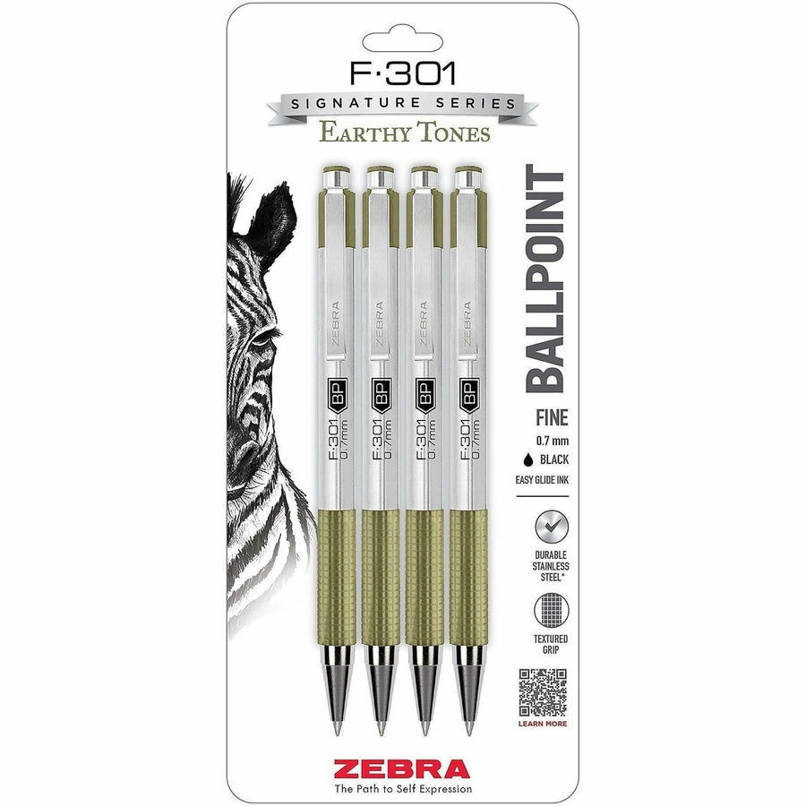 Zebra Pen F-301 EarthyTones Retractable Ballpoint Pens, Signature, Black, Sturdy Pocket Clip, 4 / Pack, ZEB27244