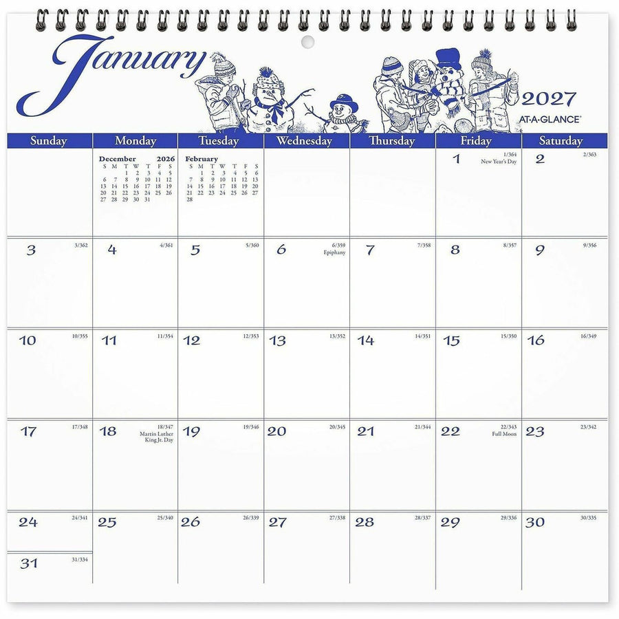 At-A-Glance Illustrator's EditionWall Calendar, 12 Month, Monthly, January 2026 - December 2026, 12" x 12", Medium, White, Blue, Paper, AAGG100017