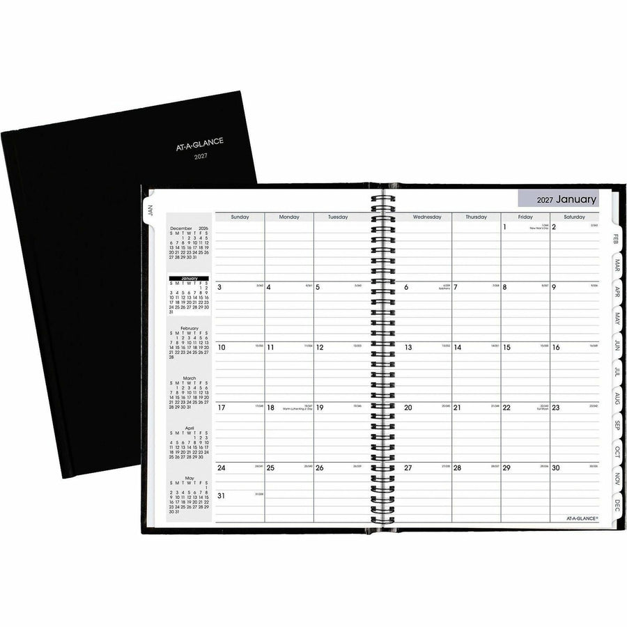 At-A-Glance DayMinder Premiere Planner, 14 Month, Monthly, 8" x 11.75", Large, Black, Blue, Faux Leather, Concealed Wire, AAGG470H00