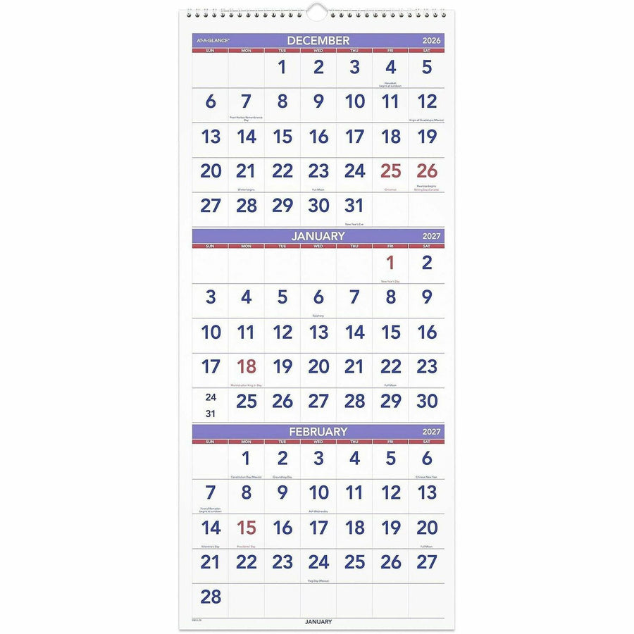 At-A-Glance 3-Month Reference Vertical Wall Calendar, 14 Month, Monthly, 12" x 27", Large, White, Blue, Chipboard, Wire Bound, Sturdy Back, AAGPM1128