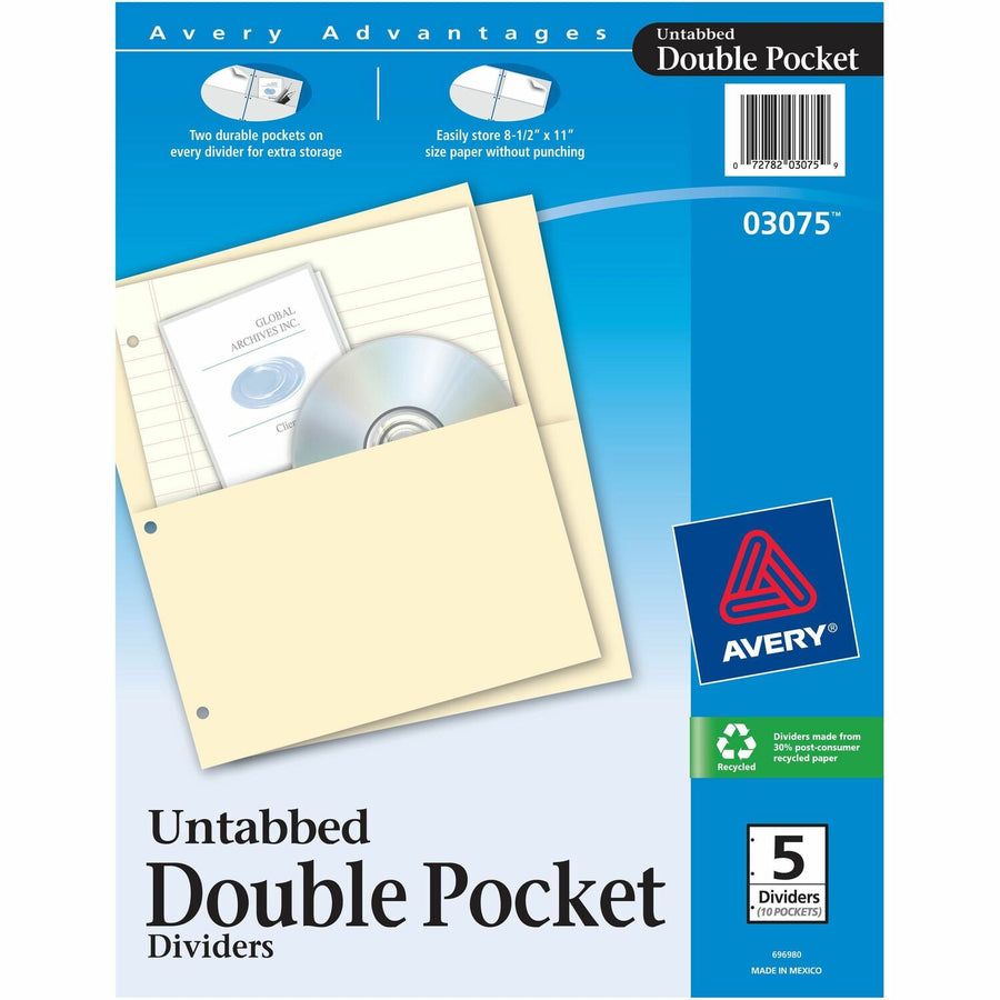 Avery® Untabbed Double Pocket Dividers, 9.3" x 11.1", Buff, Punched, 5 / Pack, AVE03075