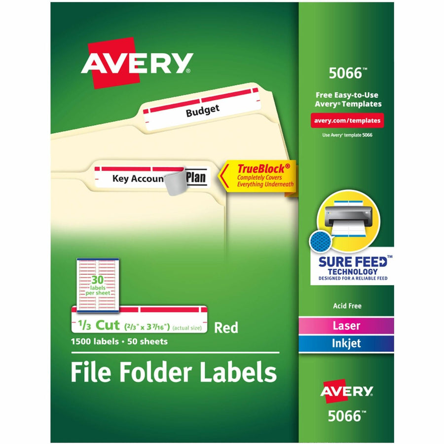 Avery TrueBlock File Folder Labels, Red, 1500 / Box — view 1