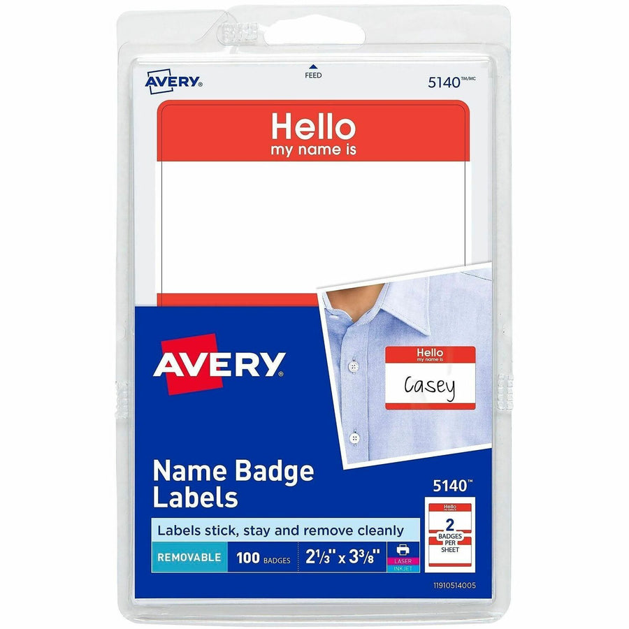 Avery Border Print/Write Hello Name Badges, Red, 100 / Pack — view 1