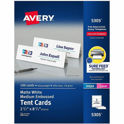 Avery Tent Cards, 2-1/2" x 8-1/2", Embossed Border, 100ct (5305), White, 100 / Box, AVE5305