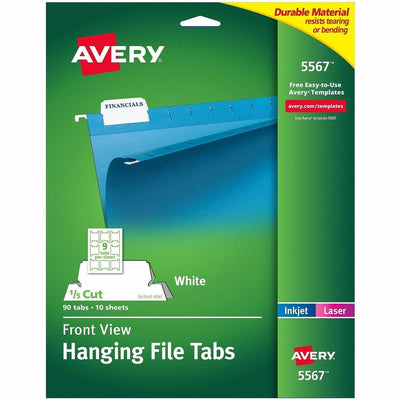 Avery Print/Write On Hanging File Tabs, Matte, White, 8.50" Width x 11" Length, 90 / Pack, AVE5567