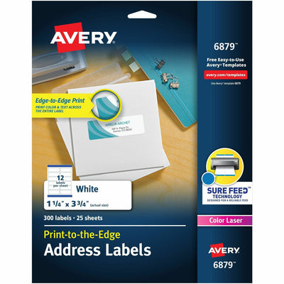Avery Print to the Edge Shipping Label 1-1/4"x3-3/4" 300 Labels (6879), White, 300 / Pack, AVE6879
