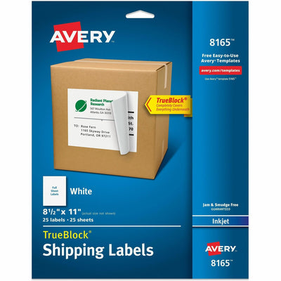 Avery TrueBlock Shipping Labels, 8-1/2" x 11", 25 Labels (8165), White, 25 / Pack, AVE8165