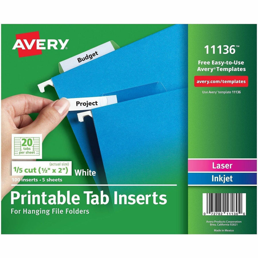 Avery Printable Tab Inserts for Hanging File Folders, White, 1 Pack — view 1