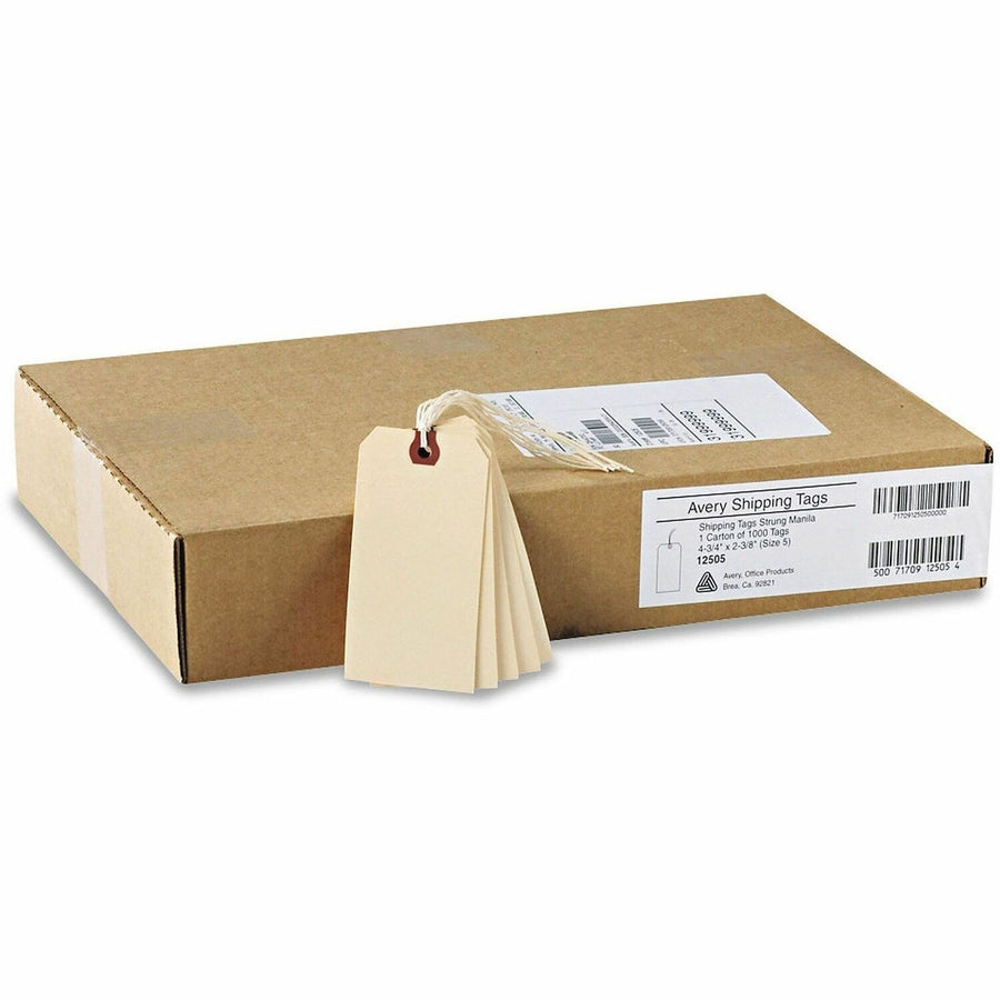 Avery® Strung Manila Shipping Tags, Pulp, Rip Resistant, 1000 / Box, AVE12505
