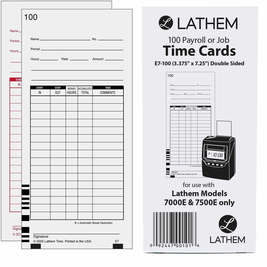 Lathem 7000E Double-Sided Time Cards, 3.5" x 7.2", White, 100, Numbered, 100 / Pack, LTHE7-100