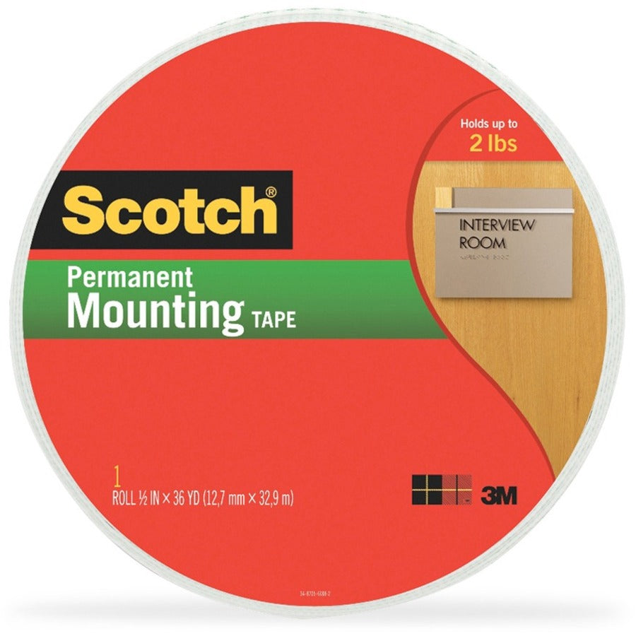 Scotch Double-Coated Foam Mounting Tape, Permanent Mounting, White, Polyurethane, 0.50", 36 yd, 1", 1 Roll, MMM401612