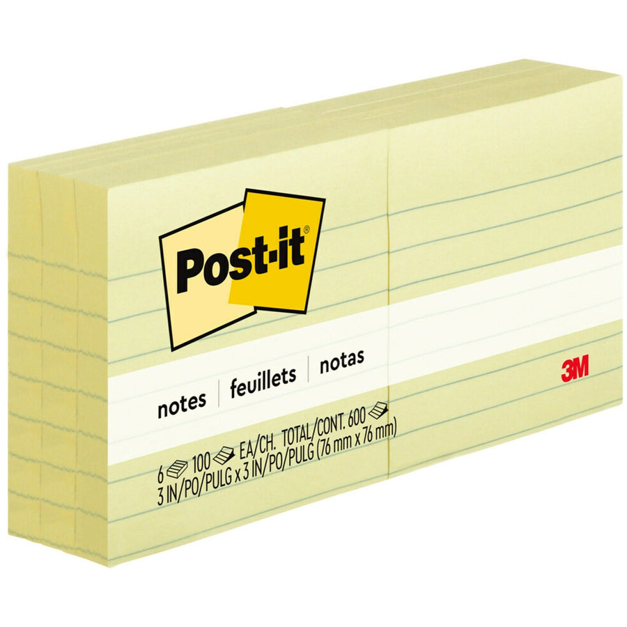 Post-it® Lined Notes, Yellow, Paper, Removable, 6 / Pack, MMM630-6PK