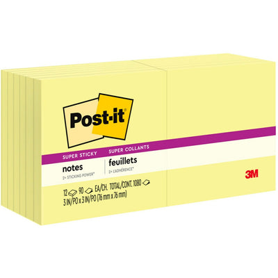 Post-it® Super Sticky Notes, Canary Yellow, Paper, Self-adhesive, 12 / Pack, MMM65412SSCY