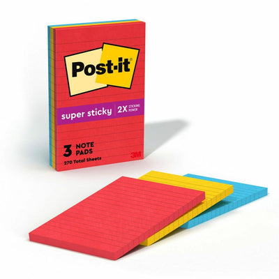 Post-it® Notes Original Lined Notepads -Playful Primaries Color Collection, Super Sticky, Blue Paradise, Paper, Self-adhesive, 3 / Pack, MMM660-3SSAN